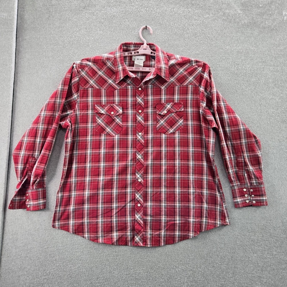 Wrangler Men‎ Button Up Shirt XXL Red Plaid Western Long Sleeve Wrancher